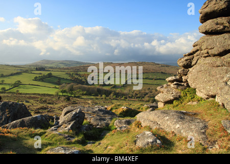 Blick vom Hound Tor in Richtung Hayne hinunter, Dartmoor, Devon, England, UK Stockfoto