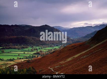 Blick über das Borrowdale Valley und Grange Fell von Cat Bells im Lake District National Park, Keswick, Cumbria, England. Stockfoto