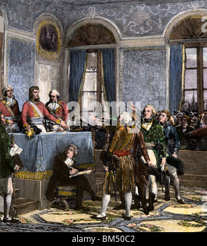 Napoleon, und Cambaceres Lebrun als Konsuln nach der Französischen Revolution, Paris, 1799. Hand - farbige Holzschnitt Stockfoto