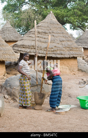 Afrikanische Bedik Frauen, die Kinder schlagen, Erdnüsse, Iwol Dorf, Bassari-Land, Senegal, Afrika. Stockfoto