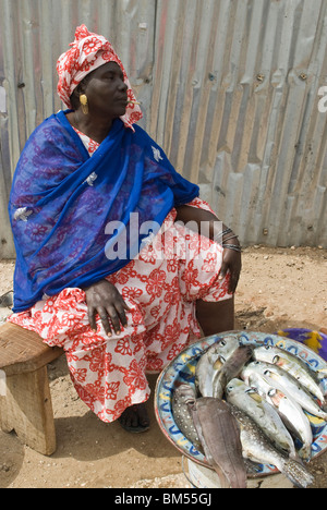 Senegalesische Frau verkaufen Fisch auf den Straßen von Sant Louis. Senegal, Afrika. Stockfoto