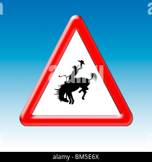 Warnung Straßenschild mit Silhouette der Cowboy auf einem Pferd Stockfoto