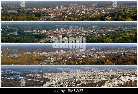 Antenne und Panoramablick auf die Kurstadt Vichy nach den vier Jahreszeiten (Frankreich). 4 Vues de Vichy Selon Les Saisons. Stockfoto