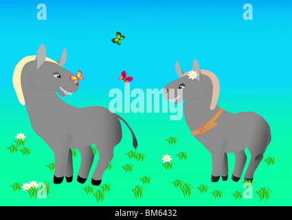 graue Esel paar auf grünen Sommerwiese und Butterflys (Rastern von Vector) Stockfoto