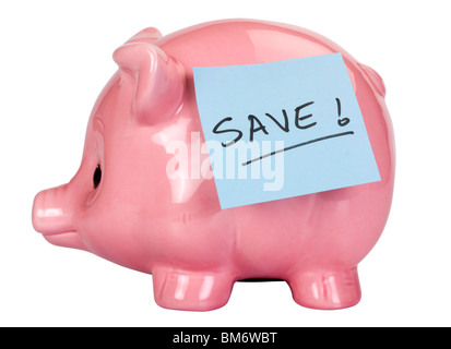 Selbstklebende Hinweis mit Word speichern schriftliche drauf auf ein Sparschwein stecken Stockfoto
