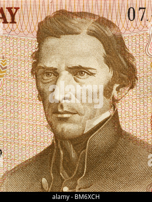 Jose Gervasio Artigas (1764-1850) auf 5 Nuevos Pesos 1975 Banknote aus Uruguay. Nationaler Held von Uruguay. Stockfoto