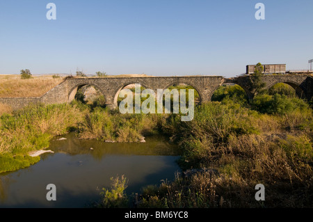 Alte osmanische Eisenbahnbrücke der Hejaz-Bahn, über den Jordan im alten Kibbuz Gesher an der Grenze zwischen Israel und Jordanien Stockfoto