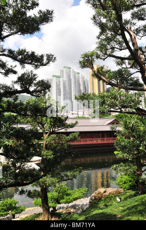 Porträtaufnahme durch Kiefern der bläulichen Teich und Kiefer Teehaus, Nan Lian Garden, Chi Lin Nunnery, Diamond Hill, Kowloon Stockfoto