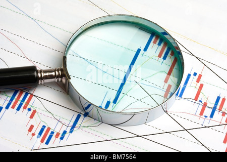 Analyse der Börse mit Lupe Stockfoto