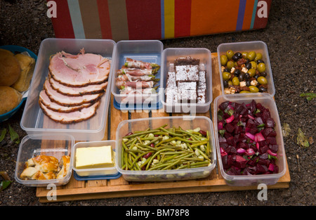 Auswahl an Wurst und Salat serviert zum Mittagessen im freien Bushcraft Kurs im Wald auf Gower Swansea South Wales UK Stockfoto