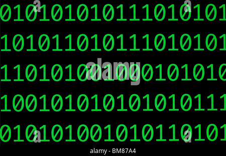 Binärzahlen, Nullen und Einsen, in grün auf einem schwarzen Computermonitor Stockfoto