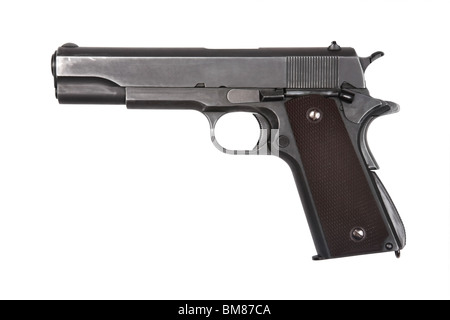 Legendäre US-Armee Pistole Colt 1911A1 isoliert auf weißem Hintergrund. Militärischen Modell (grau). Stockfoto