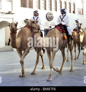 Mitglieder des Emirats Katar berittene Polizei auf Patrouille - oder vielleicht auf Show - in der touristischen Zone von Souq Waqif in zentralen Doha. Stockfoto