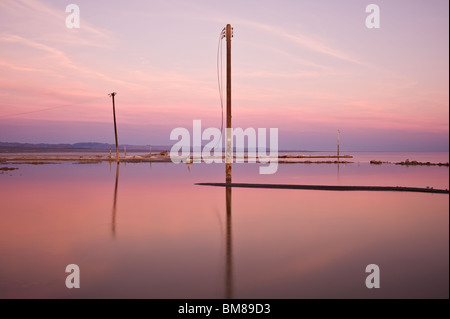 Aufgegeben von Telefonmasten in Wasser, Bombay Beach, Salton Sea, Kalifornien Stockfoto