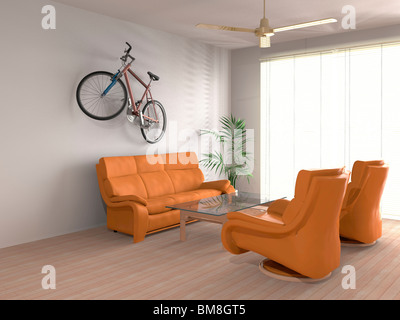 Leeren Wohnzimmer, Fahrrad auf Wand, Computer Grafik Stockfoto