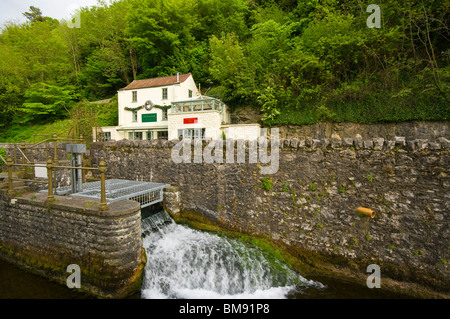 Geschenk-Shop durch den Fluß Yeo herabfließende Cheddar Gorge Somerset England Stockfoto