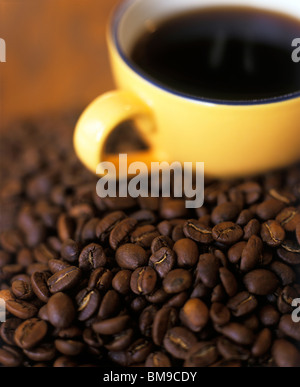 Kaffeetasse im Hügel von Kaffeebohnen Stockfoto