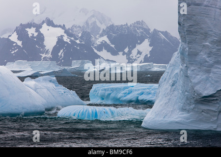 Großen Bereich der Blaue Eisberge im stürmischen Ozean mit Schnee bedeckten Bergen von Süd-Georgien im Hintergrund schweben Stockfoto