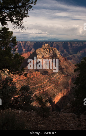 Panoramablick auf das malerische Vista der Bright Angel von North Rim des Grand Canyon gemalt in warmes Licht dramatische Himmel Hintergrund inspirierende Natur Landschaften Stockfoto