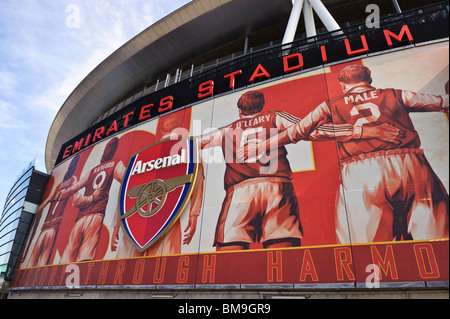 Das Emirates Stadium, signage Nahaufnahme Arsenal Football Club, englischer Premier Football Fußball-Liga. Stockfoto