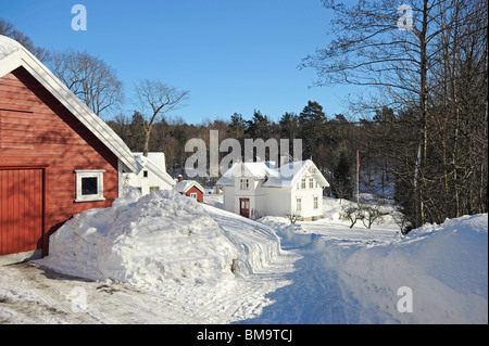 Winter-Blick auf Bauernhöfe auf der Insel Skilsoy, einer kleinen Insel in der Nähe von Tromoy gegenüber dem Hafen von Arendal Stockfoto