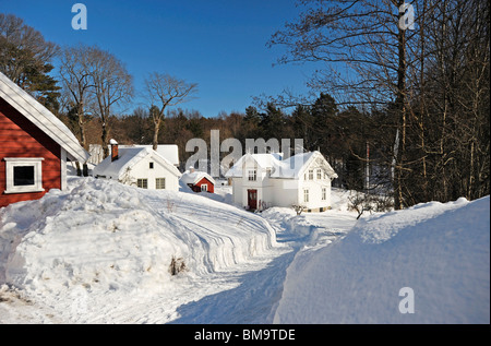 Winter-Blick auf Bauernhöfe auf der Insel Skilsoy, einer kleinen Insel in der Nähe von Tromoy gegenüber dem Hafen von Arendal Stockfoto