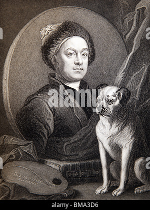 Gravur von der original-Gemälde von William Hogarth; Selbstportrait; Der Maler und sein Mops; 1745 Stockfoto