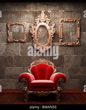 beleuchtete Ziegelmauer und Stuhl in 3D gemacht Stockfoto