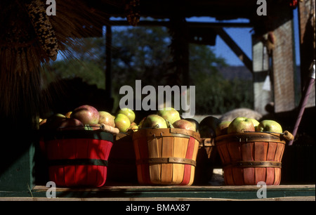 Körbe mit Äpfeln sind zum Verkauf an einem Stand am Straßenrand in Rincanado, New Mexico, USA. Stockfoto