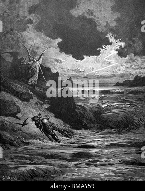 Gravur von Gustave Doré aus Alighieris göttliche Komödie "Fegefeuer und Paradies"; Buonconte da Montefeltro liegt sterbenden Stockfoto