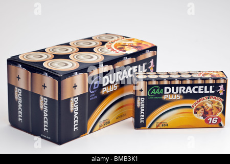 Schachtel mit acht Duracel Plus LR20 mn1300 und AAA LR03 MN 2400 1,5V alkaline-Batterien Stockfoto