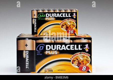 Schachtel mit acht Duracel Plus LR20 mn1300 und AAA LR03 MN 2400 1,5V alkaline-Batterien Stockfoto