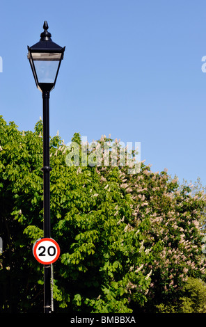 zwanzig Meilen pro Stunde Geschwindigkeit Beschränkung Zeichen an einen Laternenpfahl befestigt Stockfoto