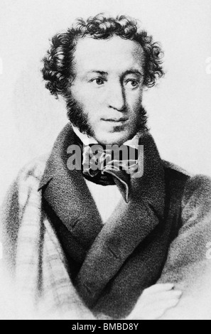 Vintage Lithographie Porträt des russischen Autors und Dichters Alexander Pushkin (1799-1837) drucken. Stockfoto