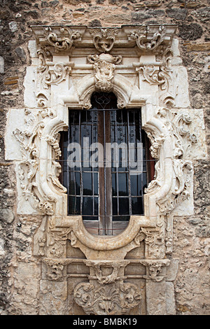 Rose oder Rosa Fenster Mission San Jose y San Miguel de Aguayo San Antonio, Texas USA Stockfoto