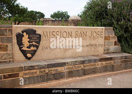 Ortseingangsschild für Mission San Jose y San Miguel de Aguayo San Antonio, Texas USA Stockfoto