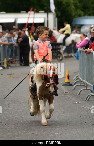 Zigeuner-Junge zeigt Pony zum Verkauf und fährt die Hauptstraße 2010 hoch. Gypsy jährliche Charter Horse Fair. Wickham Hampshire 2010s UK HOMER SYKES Stockfoto