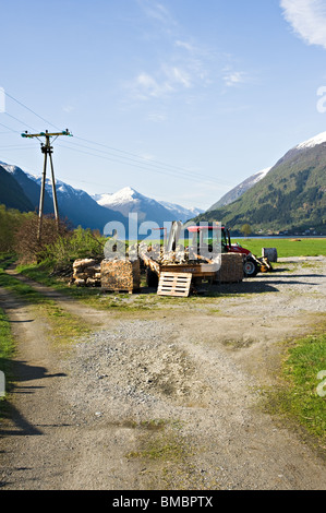 Bauernhof Traktor und Anhänger mit Brennholz Anfeuerholz in Boyum Fjaerland und die Gewässer des Fjaerlandsfjorden in der Nähe von Mundal Norwegen Stockfoto