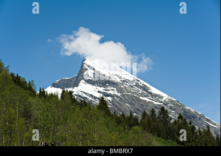 Eine weiße Klumpen schwebt über Schnee bedeckte Blanipa Berggipfel mit norwegischen Pinienwald Fjaerland Sogn Norwegen Stockfoto