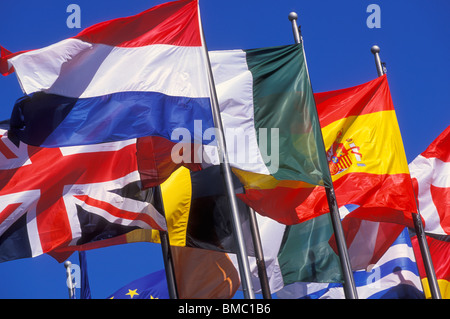 Flaggen der Fahnen der Europäischen Union EU Länder EU-Länder an La Defense Paris Frankreich EU Europa fliegen fliegen Stockfoto
