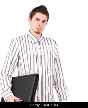 Porträt des jungen Mann im gestreiften Hemd mit Ordner und Stift, Studio gedreht Stockfoto