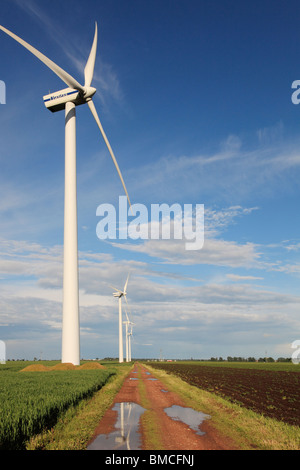 Windkraftanlagen auf Ackerland im Frühjahr Stockfoto