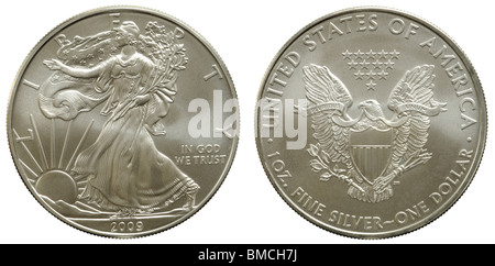 US Silver Eagle 1 US-Dollar-Münze. Reine Silberbarren - Reinheit 999/1000 Stockfoto