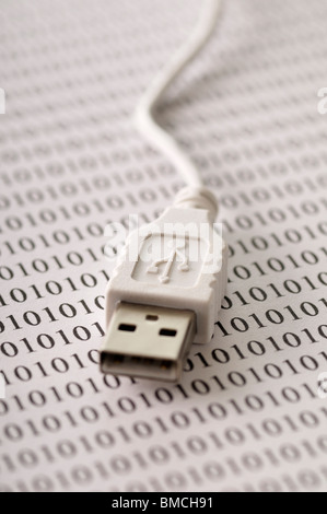 USB-Kabel und Binär-Code Stockfoto