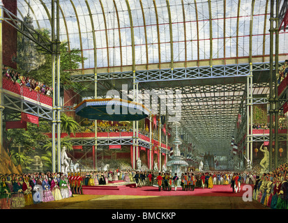 Zeitgenössischer Druck mit der Einweihung der Great Exhibition von 1851 - auch bekannt als Crystal Palace Ausstellung. Stockfoto