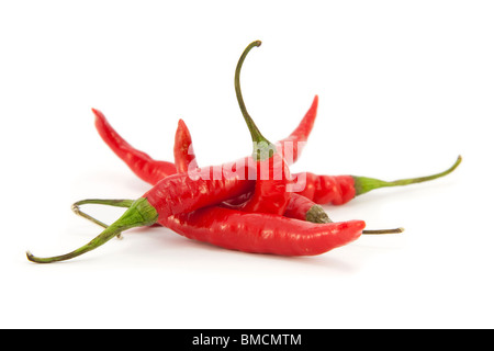 Rote Chilis auf weiß Stockfoto