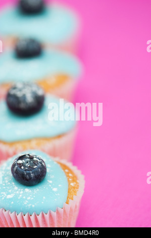 Bunte Heidelbeere Mini Frucht Muffins auf einem rosa Hintergrund Stockfoto