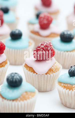 Bunte Heidelbeere und Himbeere Mini Frucht Muffins auf einem weißen Hintergrund Stockfoto