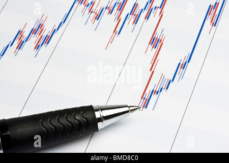 Ein Stift zeigt auf ein Finanzdiagramm, das Marktanalysen und Investitionsstrategien symbolisiert. Stockfoto