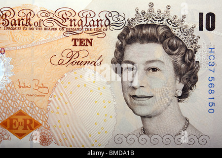 Queens-Kopf auf zehn-Pfund-Banknote. Stockfoto